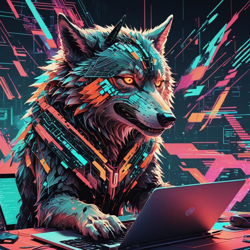 Hacker Wolf Coding in Digital Glitch Art