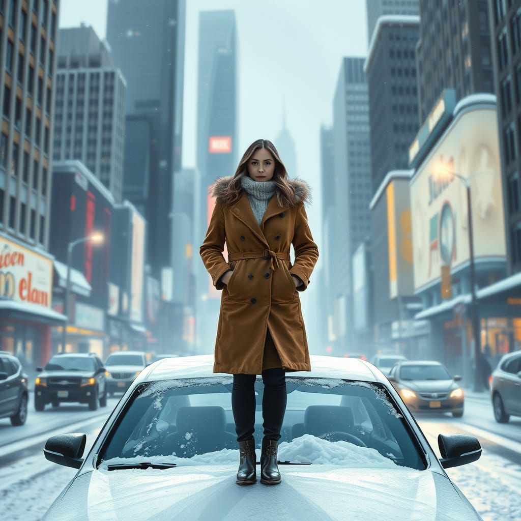 Woman in Winter Cityscape Digital Painting