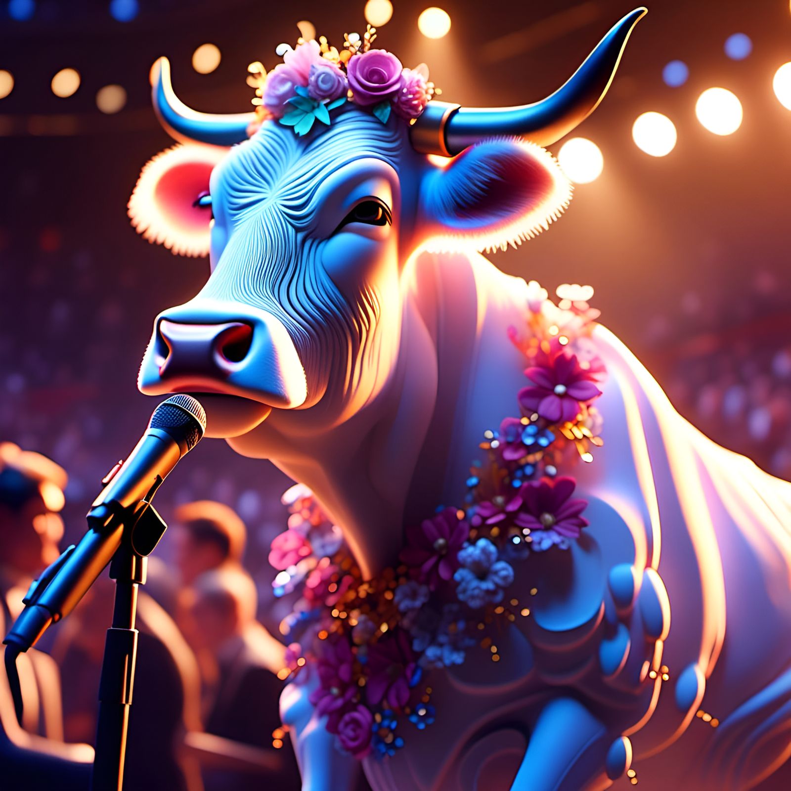 Cow Popstar on Stage: Detailed Digital Art