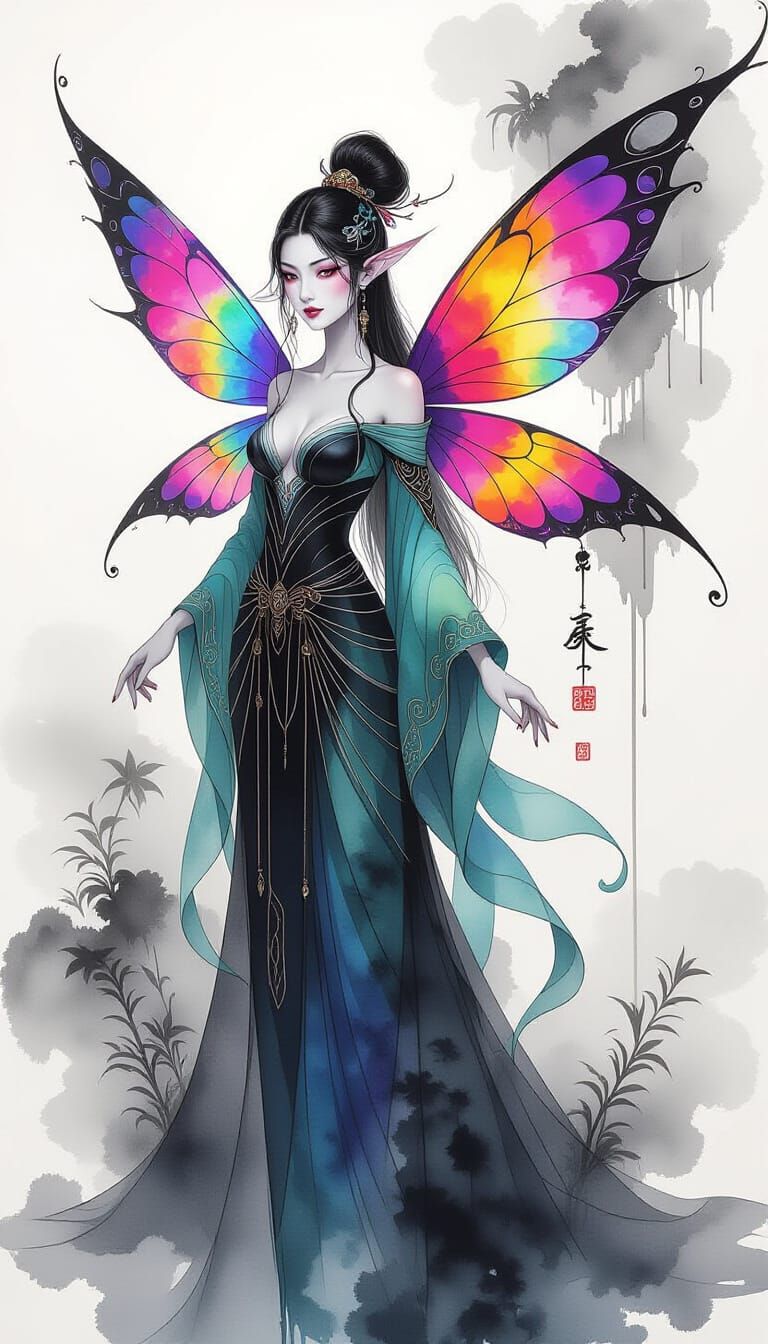 Vibrant Unseelie Fae in Chinese Ink Painting Style