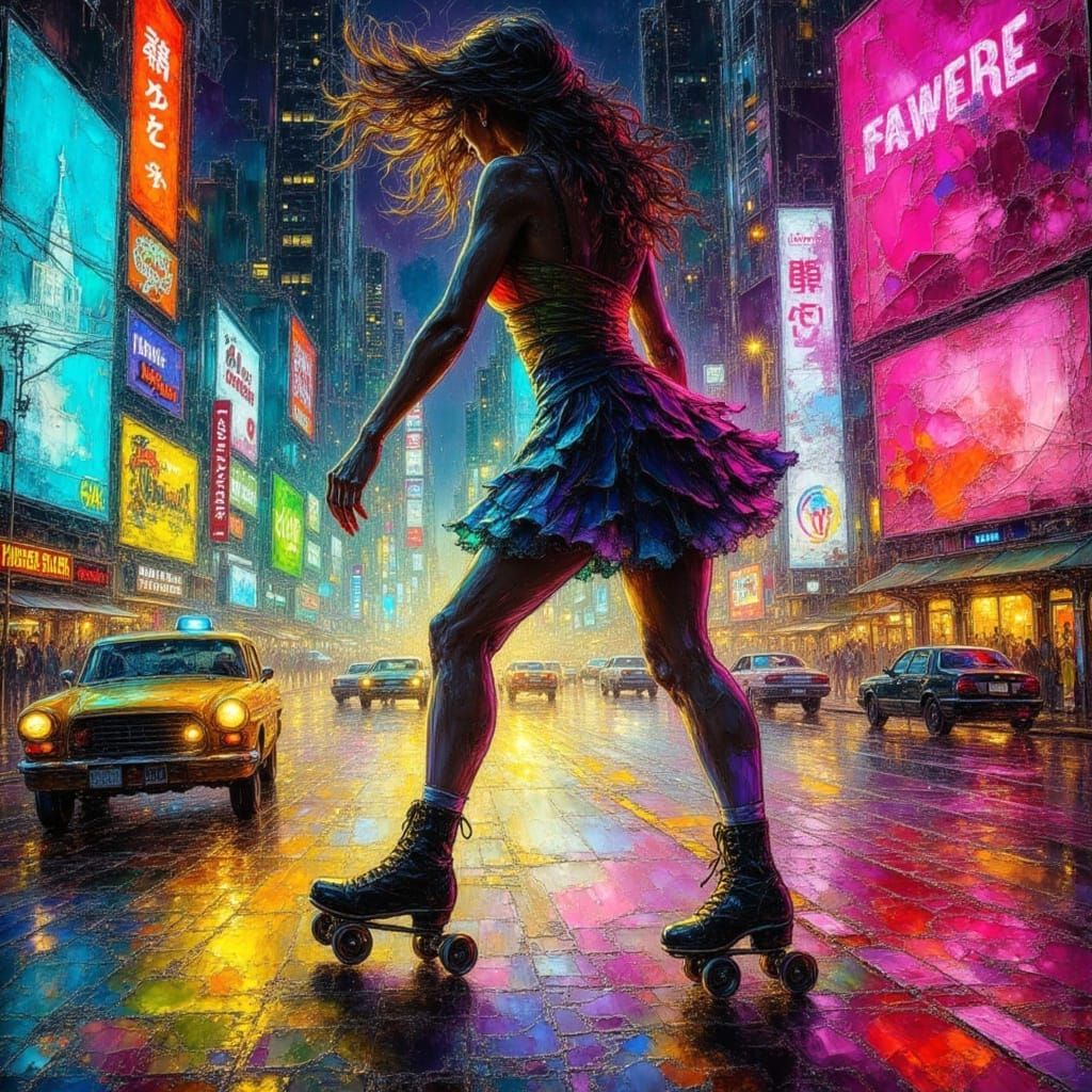Roller Girl Skating Through City, Impasto Painting
