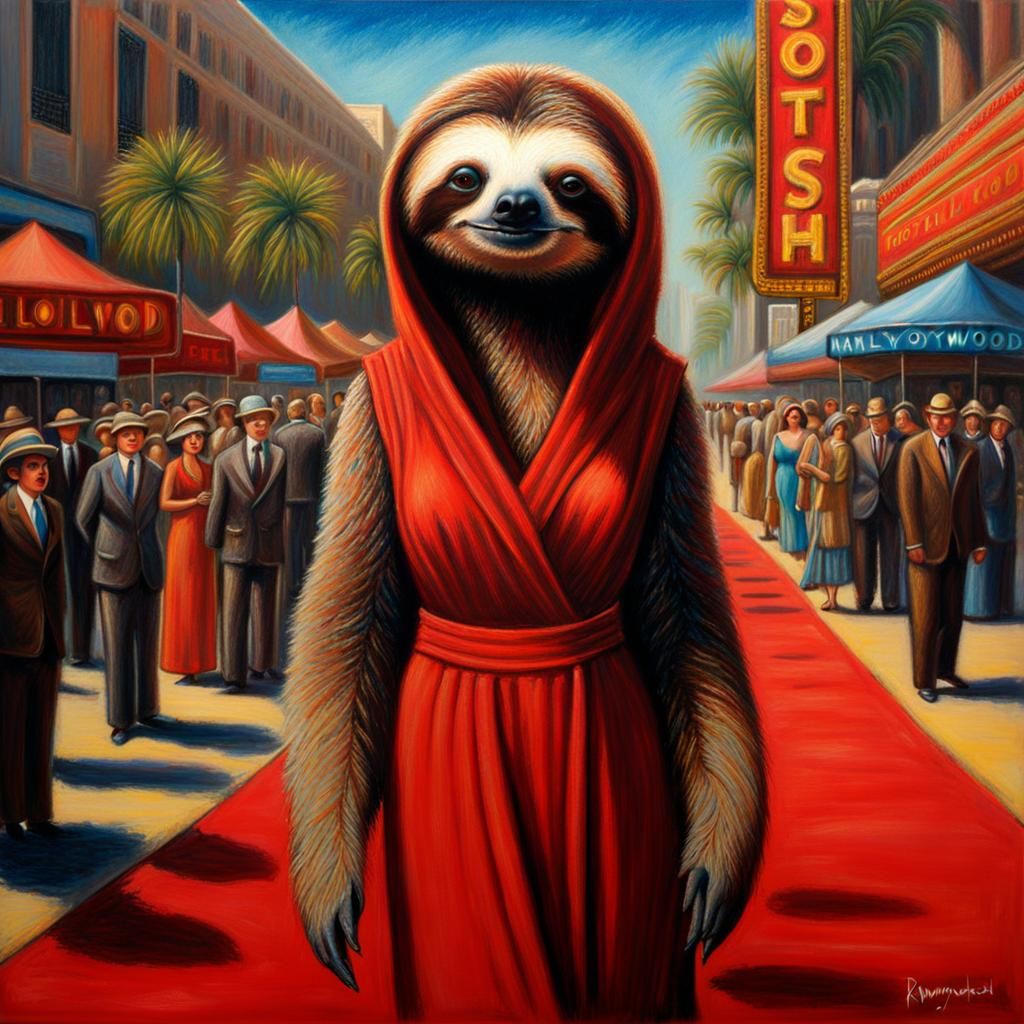 Sloth Movie Star on Red Carpet in Oil Pastels