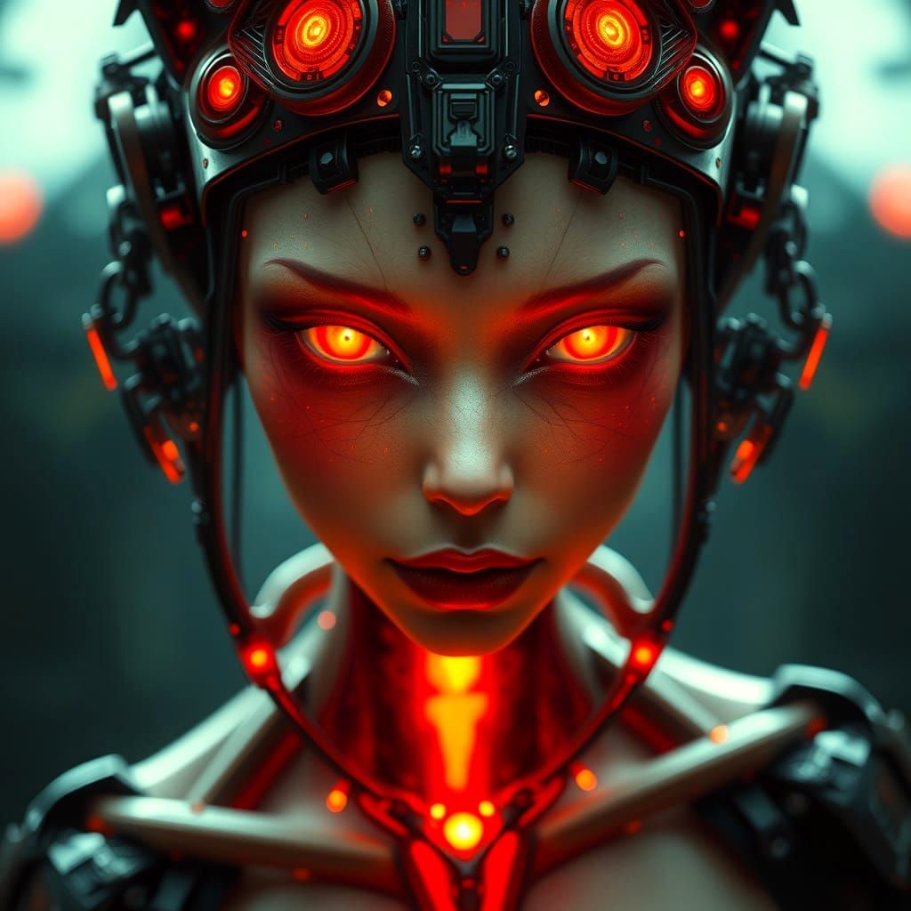 Ethereal Ruby Oracle in Dark Futuristic Hues