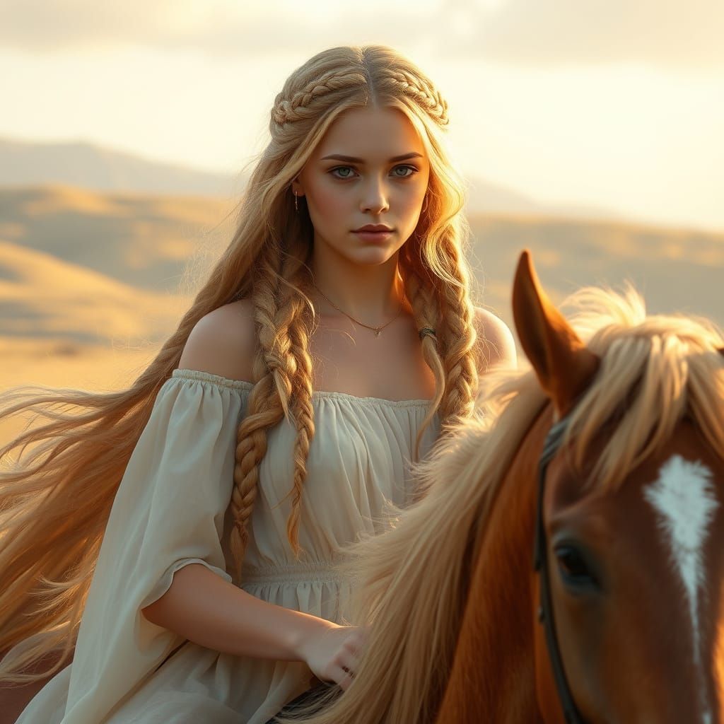 Ethereal Princess on a Majestic Light Brown Horse
