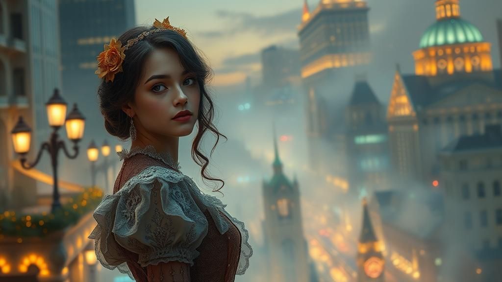 Victorian Woman in Luminous Cyberpunk Cityscape