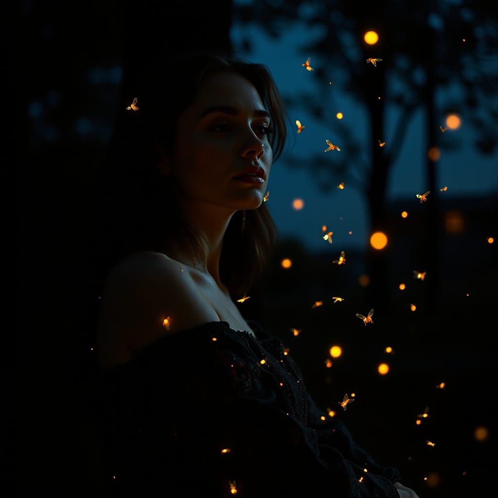 Fireflies Form a Beautiful Woman in Dark Scene