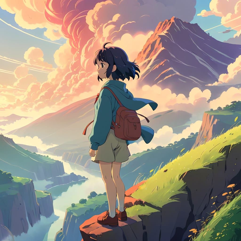 Anime Hero Stands at Sunset Cliff Edge