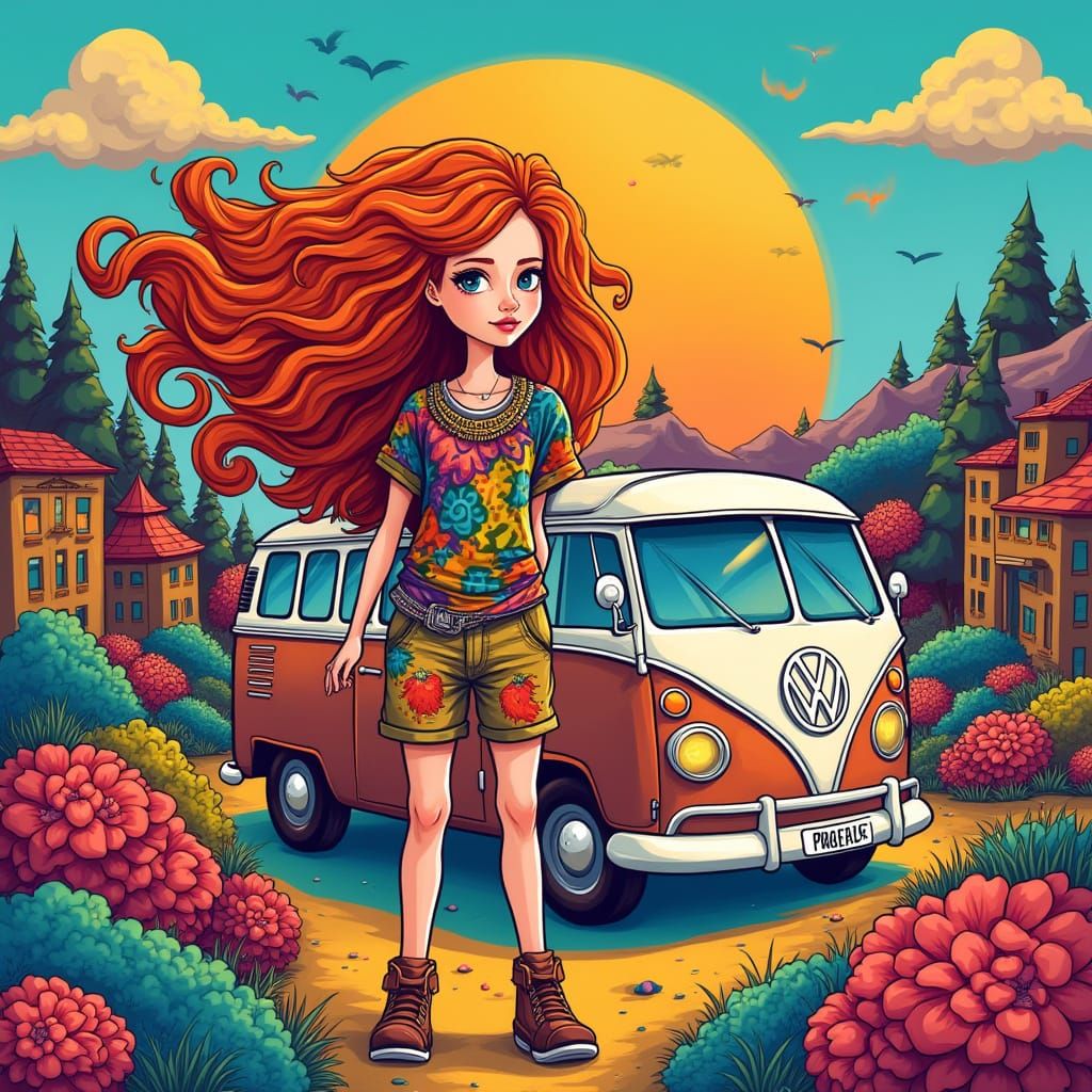 Vibrant Hippie Girl in a Geometric Wonderland