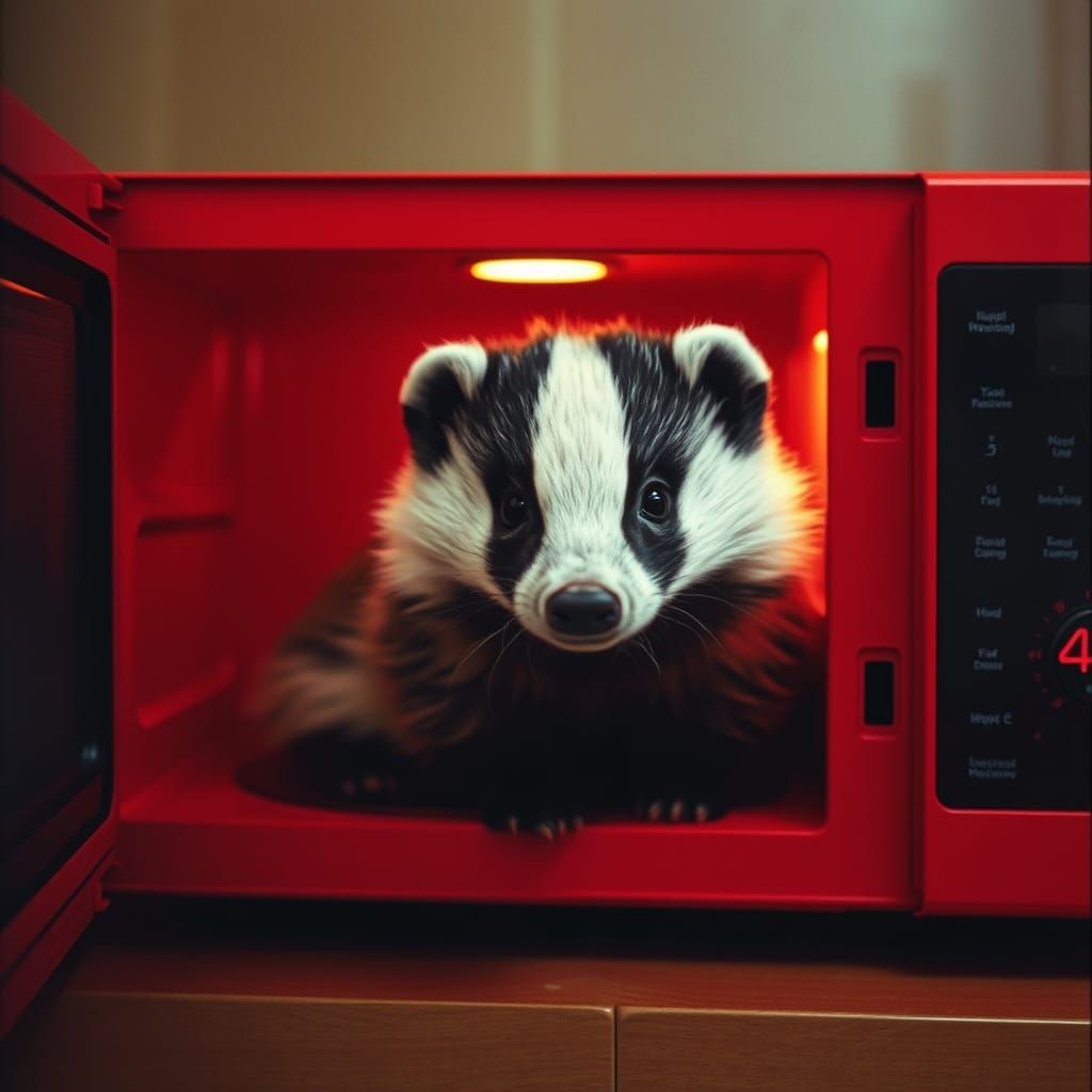 Fluffy Badger in a Dramatic Red Microwave Scene