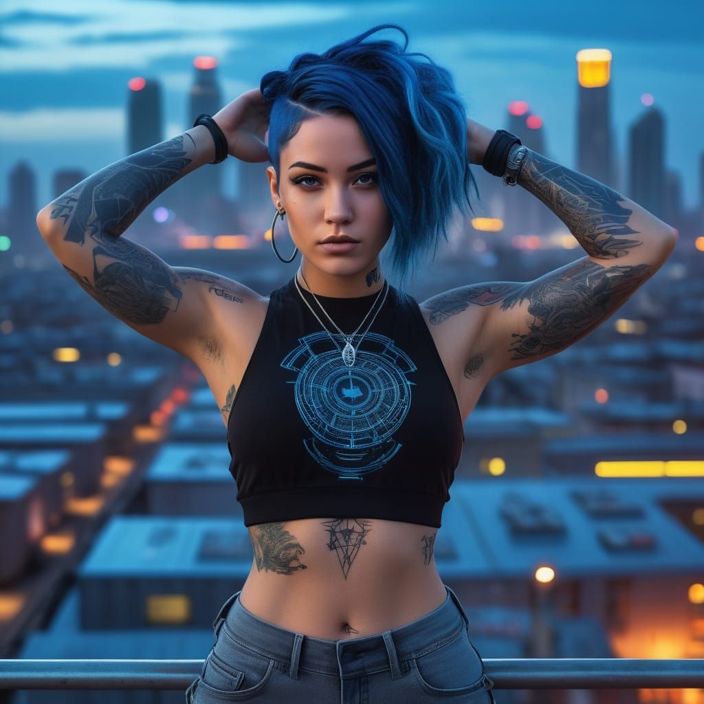 Cyberpunk Woman With Blue Braids in Neon City