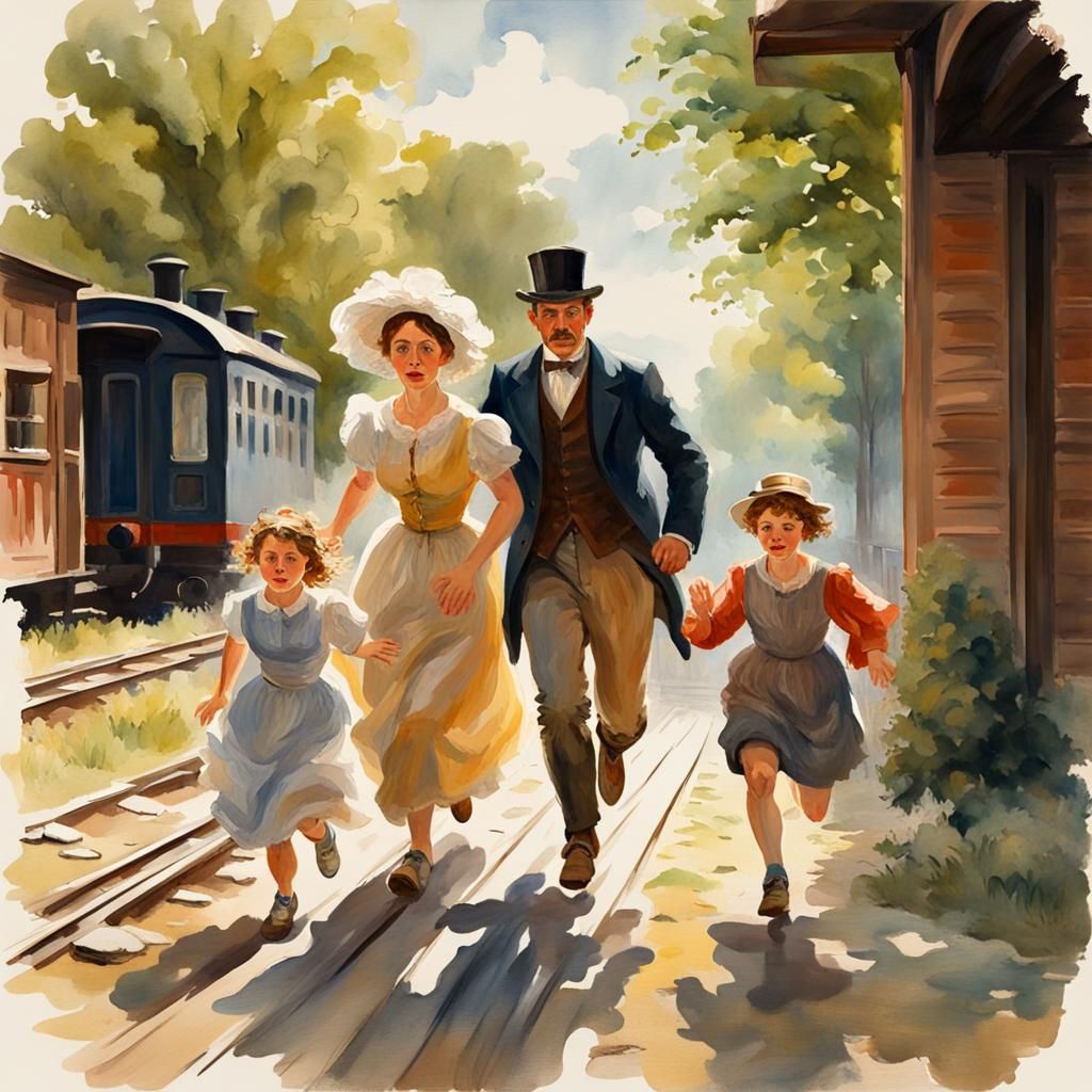 Family Races for Train in Gouache Impressionist Style