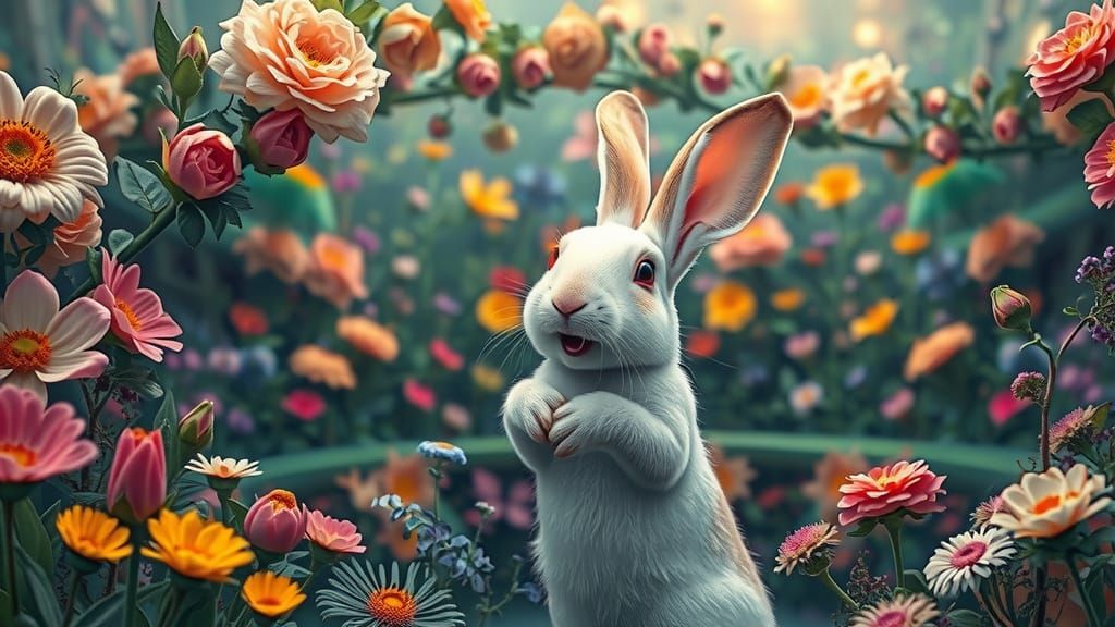 Laughing Rabbit in Fantasy Garden, Alcohol Ink Art