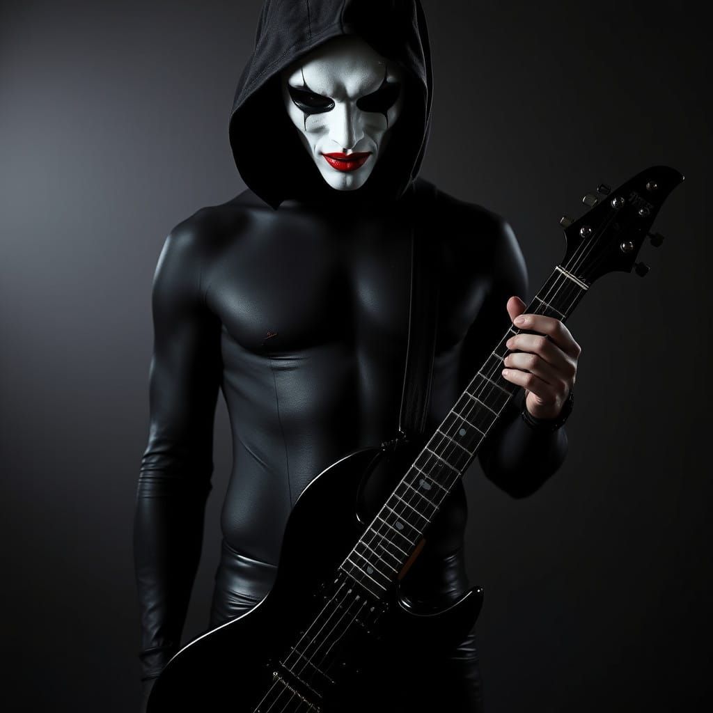 Mysterious Guitarist in Dark, High-Contrast Aesthetic