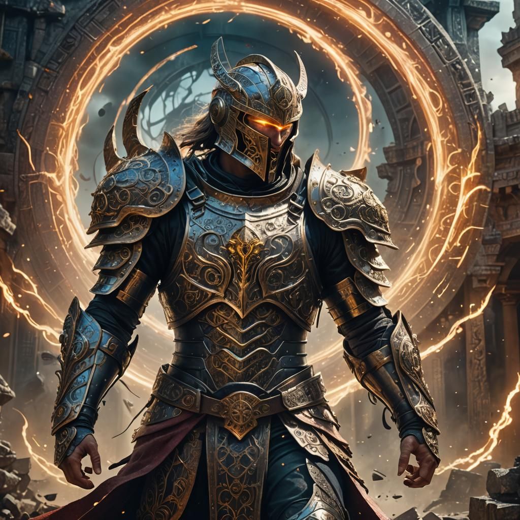 Armored Warrior in Fantasy City, Digital Art