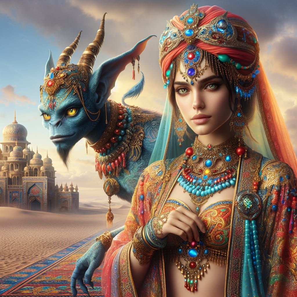 Middle-Eastern Woman and Djinn in Hyperrealistic Desert Scen...