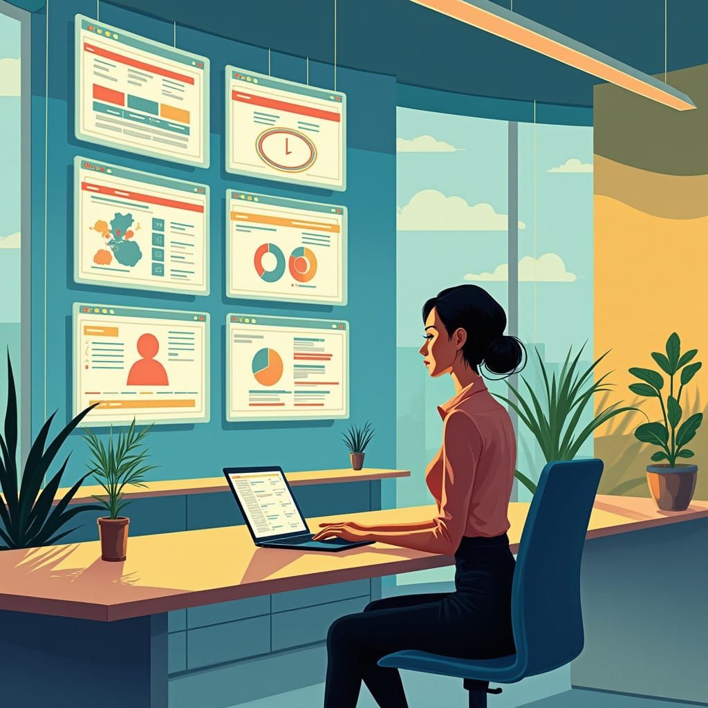 Professional Woman in Futuristic Corporate Office Learning E...