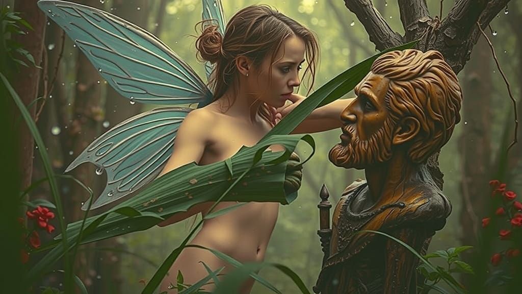 Ethereal Forest Fairy Confronts Ancient Statue