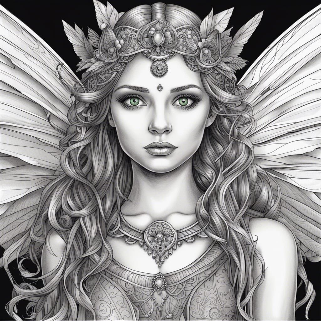 Fairy Princess Portrait in Coloring Page Style