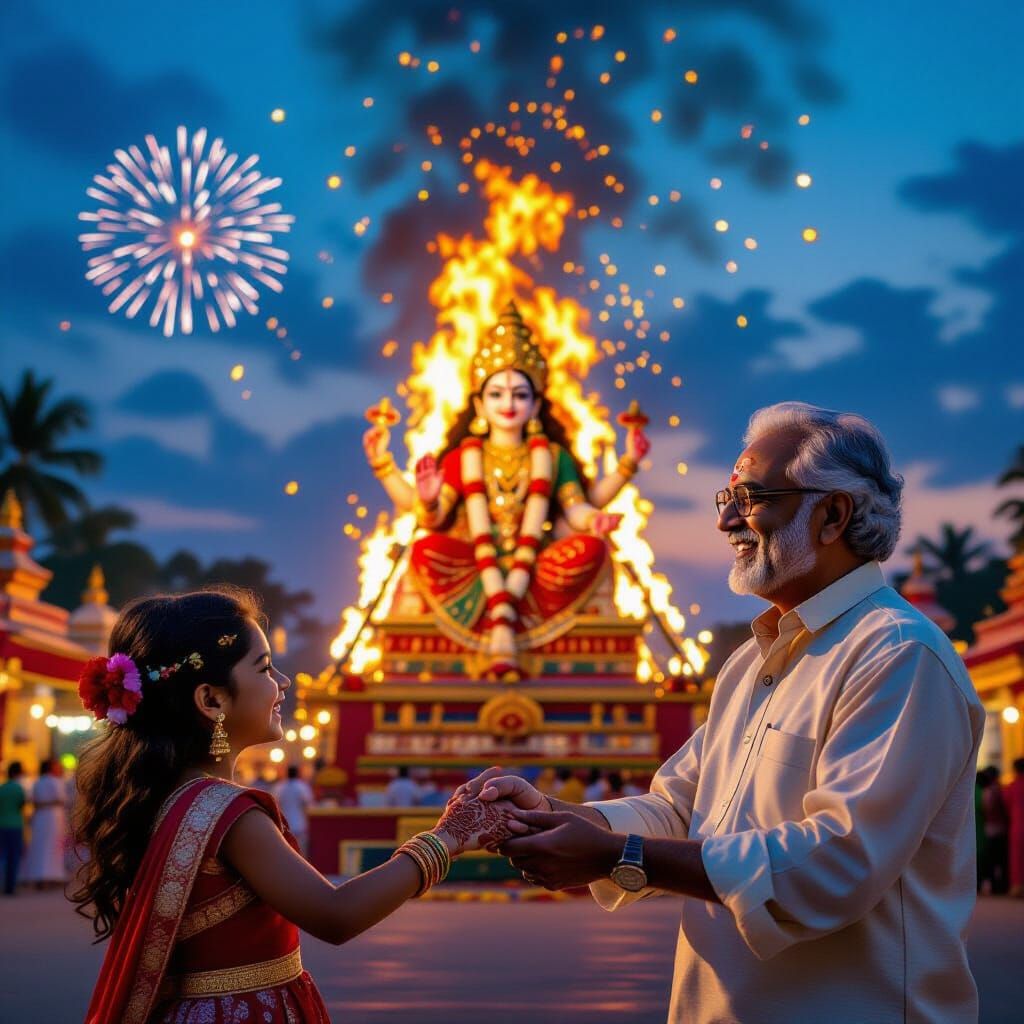Indian Girl Watches Ravan Effigy Burning & Durga Puja Festiv...