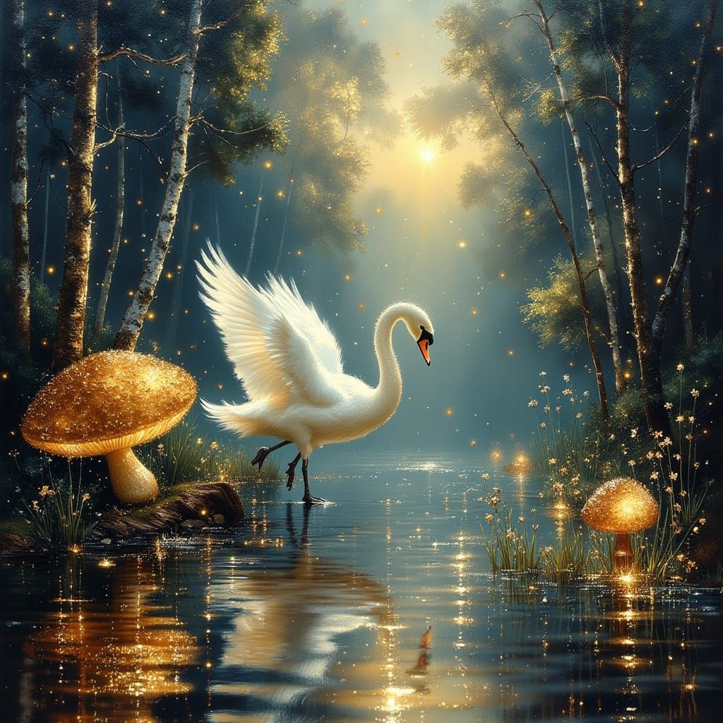 Majestic Swan in Enchanted Twilight Forest