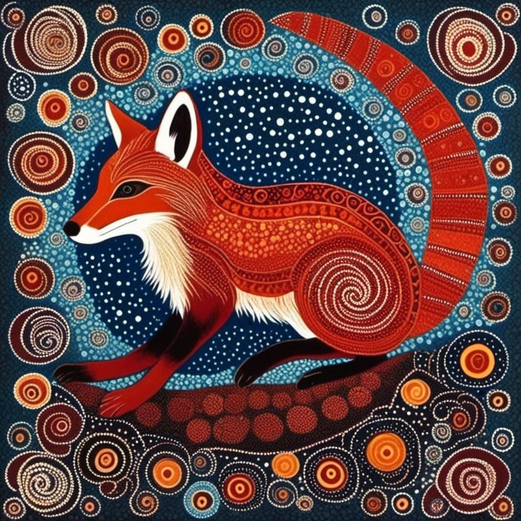 Red Fox in Australian Aboriginal Dot Art Style