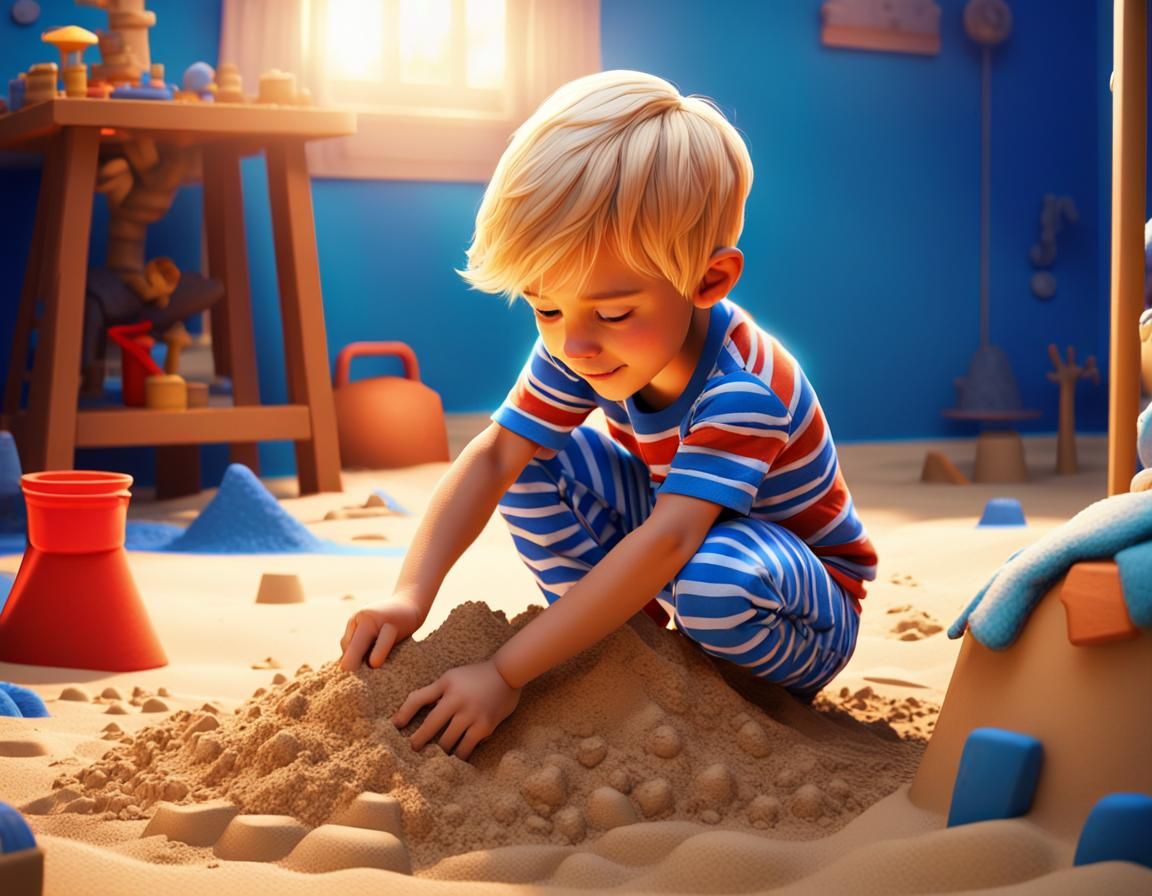 Boy Builds Sand Castle: Pixar-Style 3D Art