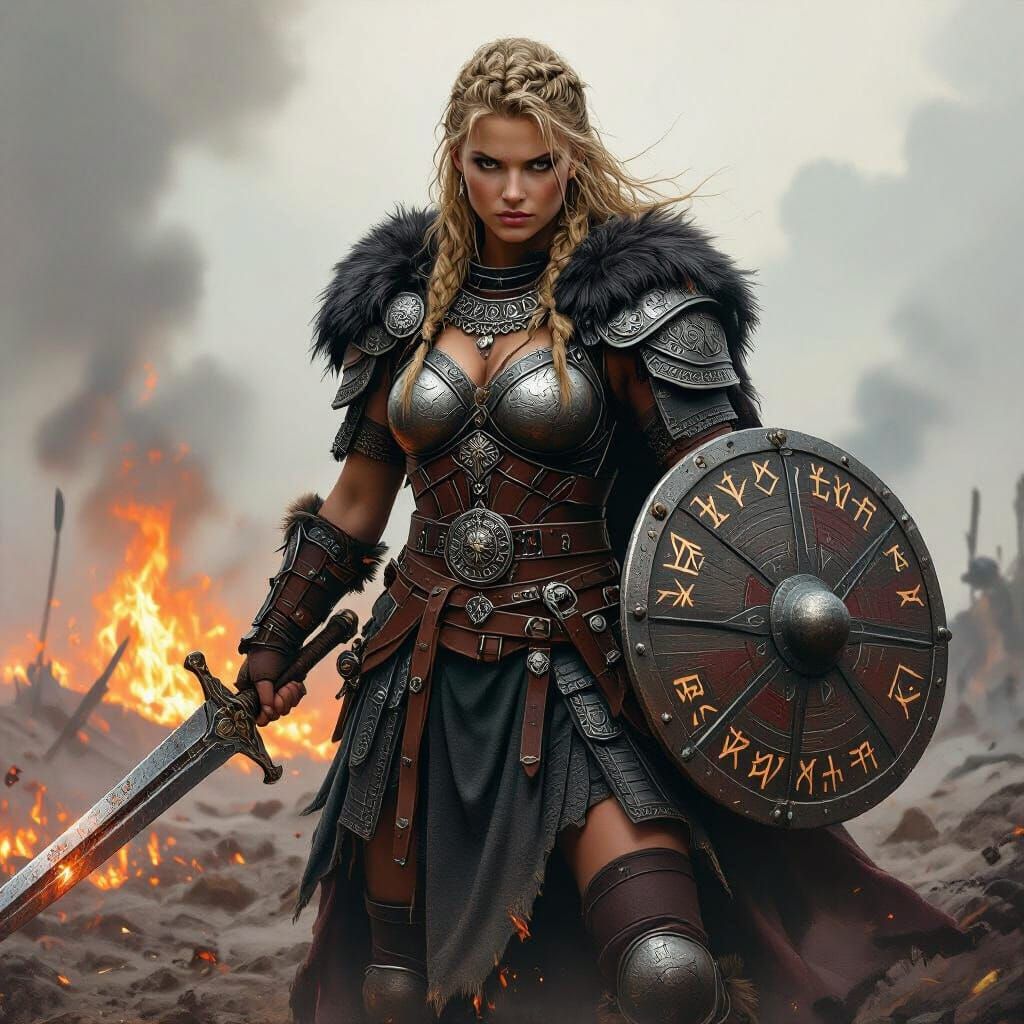 Viking Warrior Hildr on War-Torn Battlefield