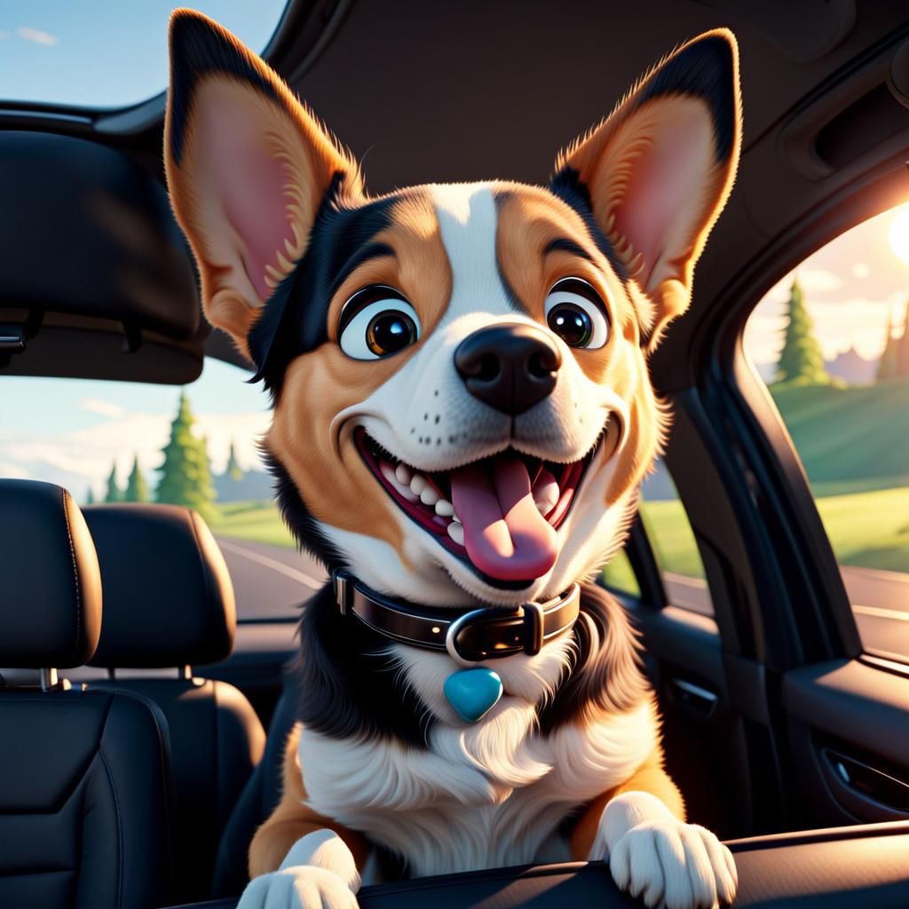 Happy Cartoon Dog in Car, Pixar Animation