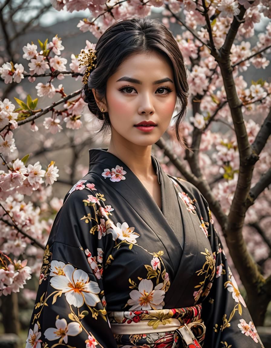 Indonesian Woman in Kimono Under Cherry Blossoms