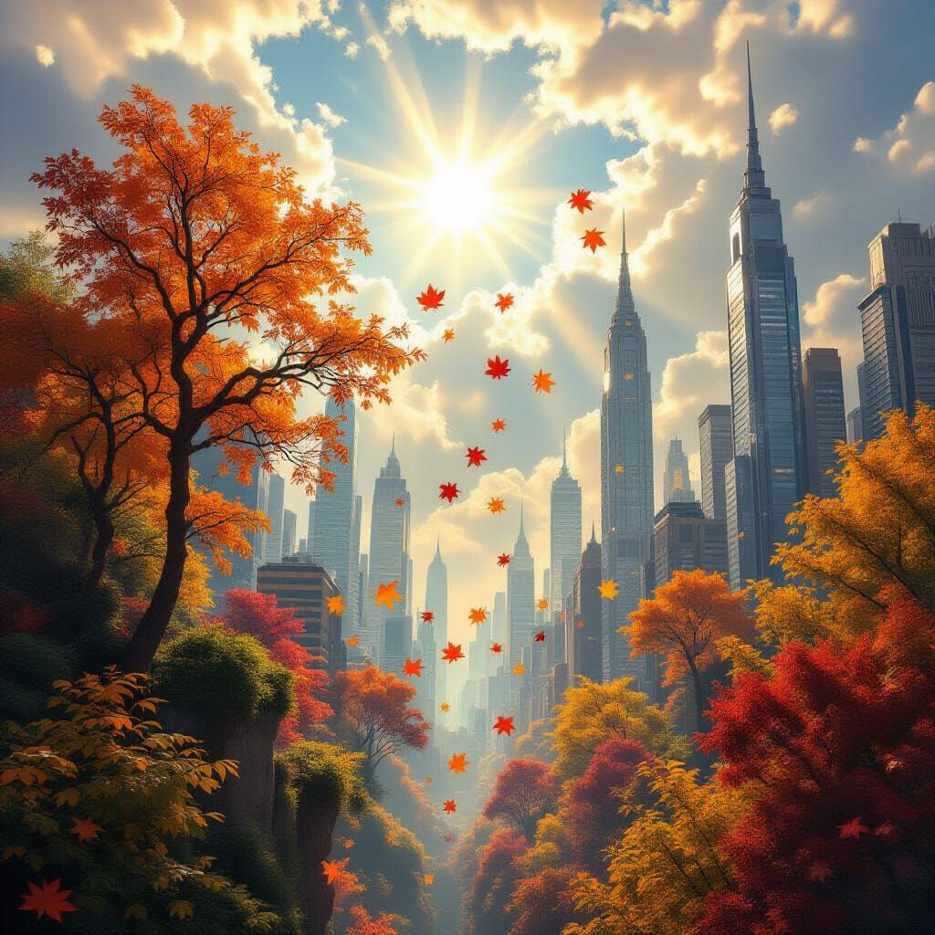 Futuristic Autumn Cityscape with Integrated Nature