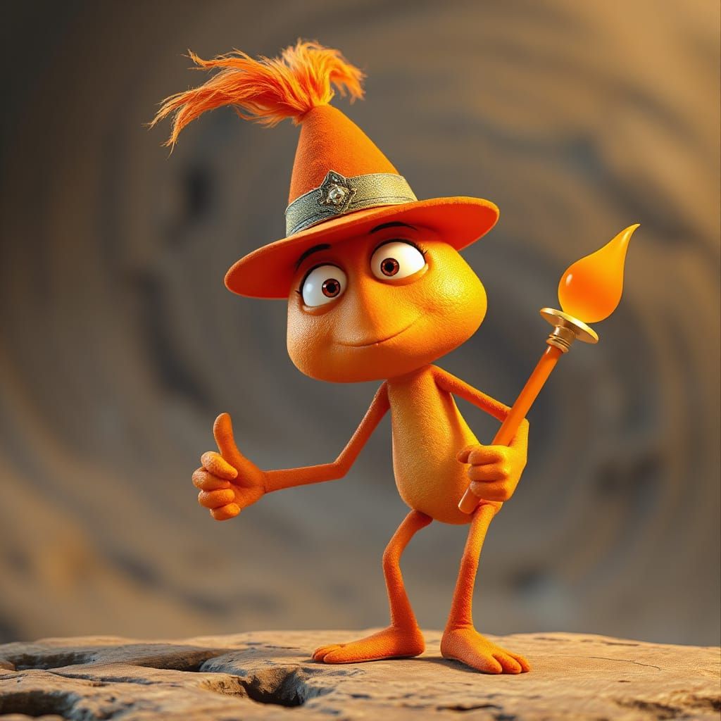 Whimsical Orange Character with Sceptre in Cartoon Style
