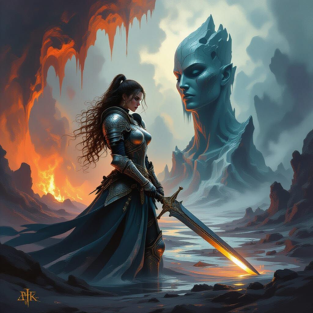 Valiant Female Knight in Melting Landscape Fantasy Painting
