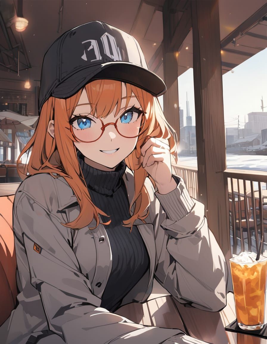 Relaxed Modern Girl Smiles in a Winter Cafe