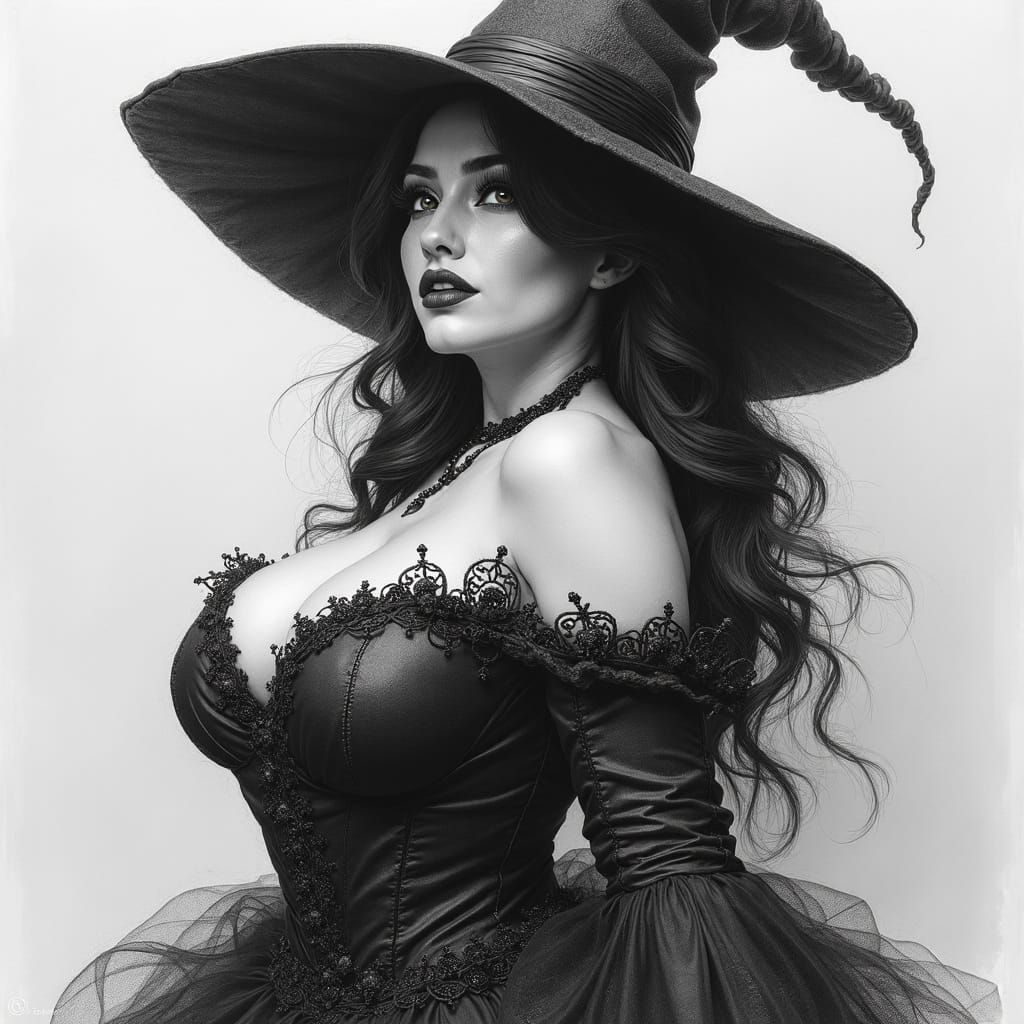 pencil sketch, b&w, witch woman, head and shoulders portrait, g-cup 
astonishment, penthouse model, witchcrafts books, b...