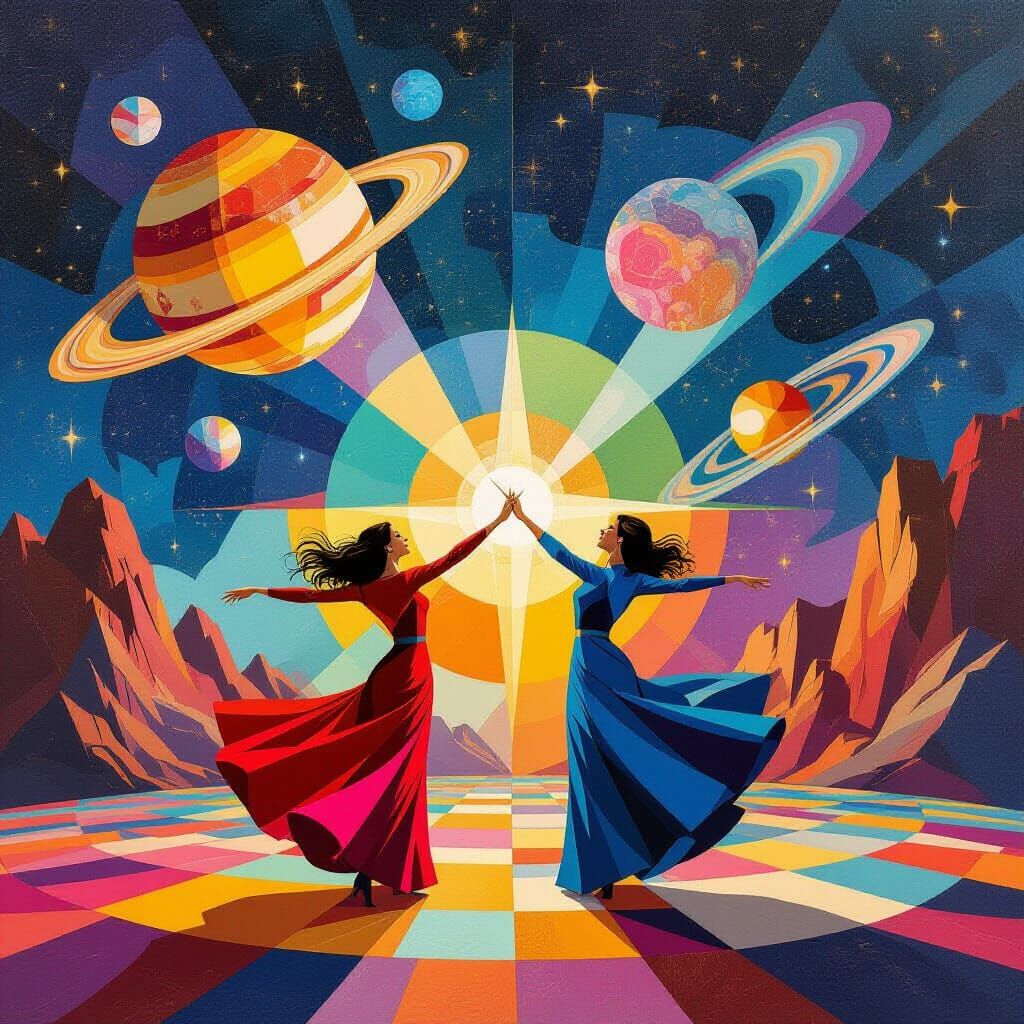 Cosmic Ballet: Geometric Shapes in Impasto Gouache Style