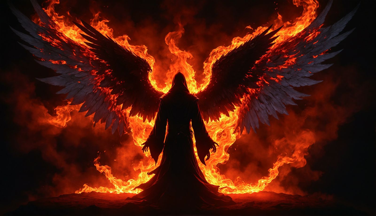 Menacing Winged Sorcerer in Fiery Silhouette