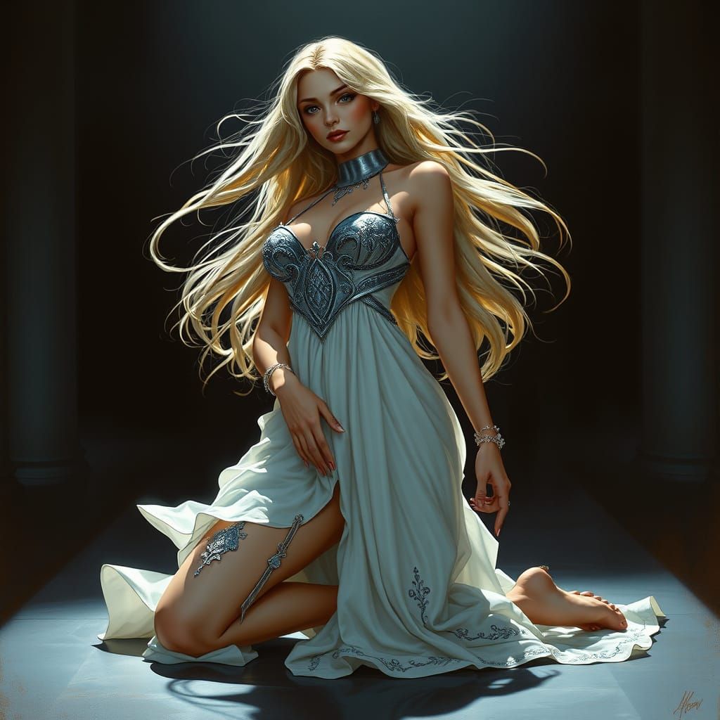 Elegant Fantasy Kneeling Dancer in Steel Collar