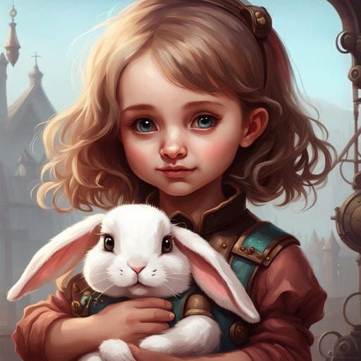 Toddler Girl and Bunny in Steampunk Fantasy Art