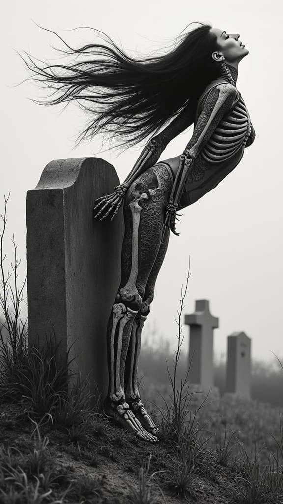 Spectral Embrace: Woman and Skeleton in Graveyard