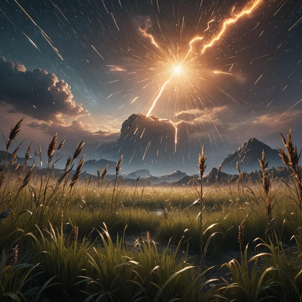 Epic Meteor Shower Over a Grassy Field