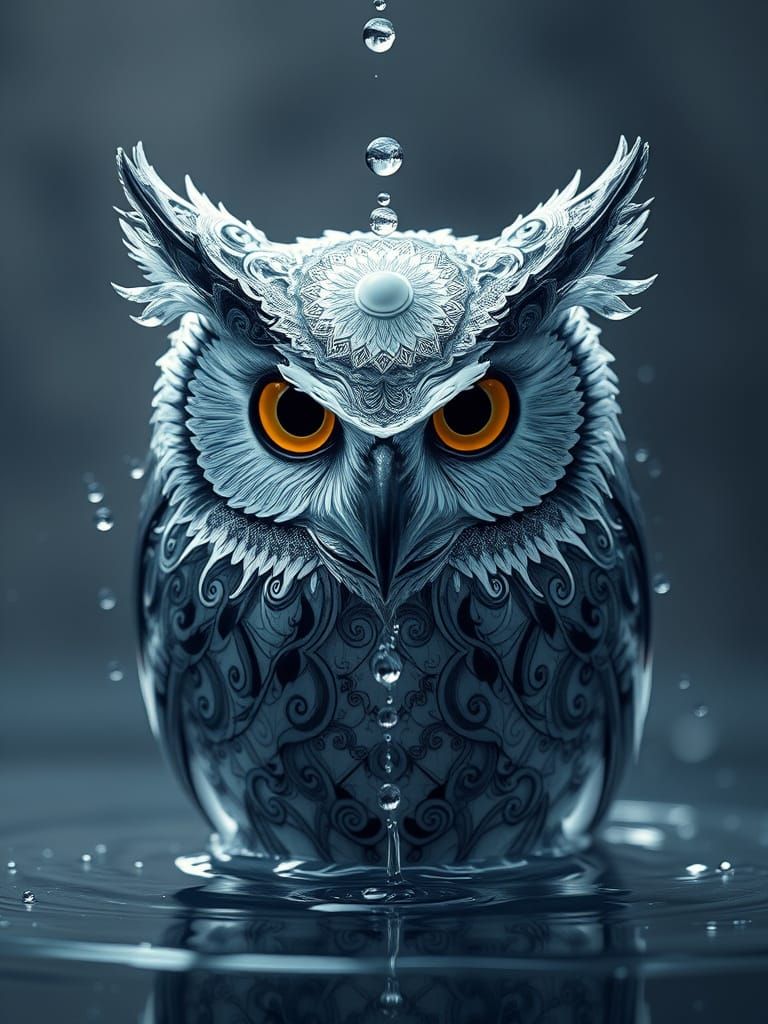Majestic Water Owl Emerges from Serene Pool in Hyperrealisti...