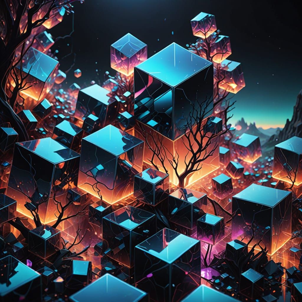 Surreal Cubic Landscapes in Vibrant Neon Hues