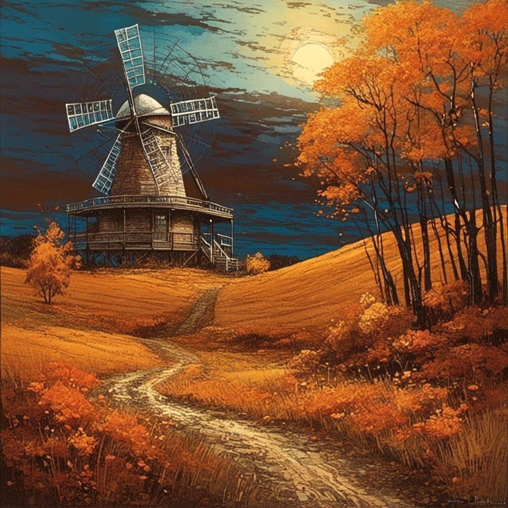 Autumn Windmill Landscape in Illustrative Style