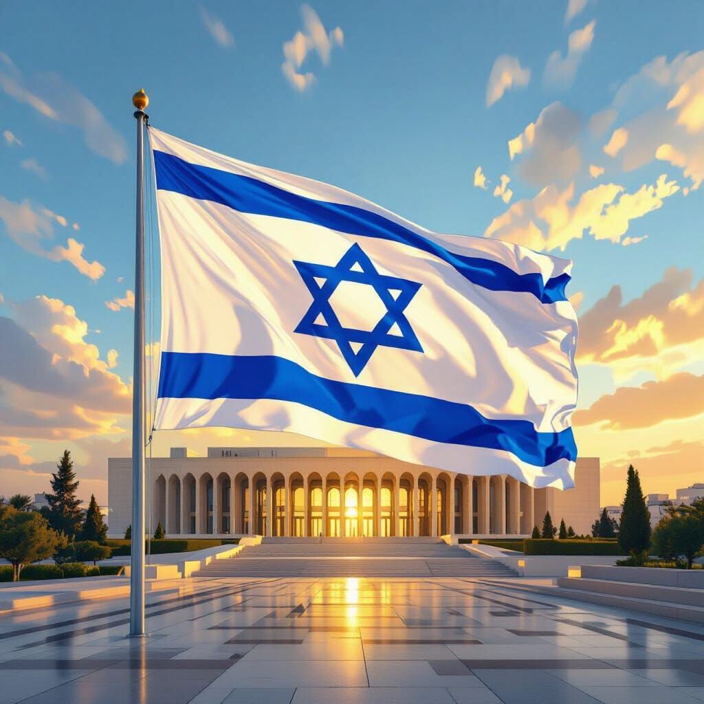 Israeli Flag Waving in Front of Knesset, Digital Art
