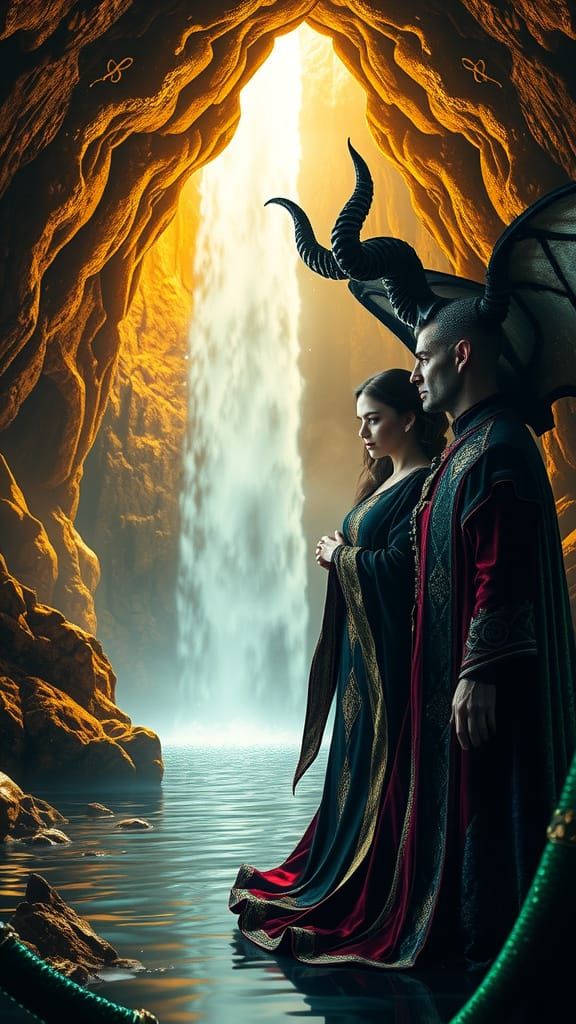 The Devil and Daughter in Ancient, Glowing Cave