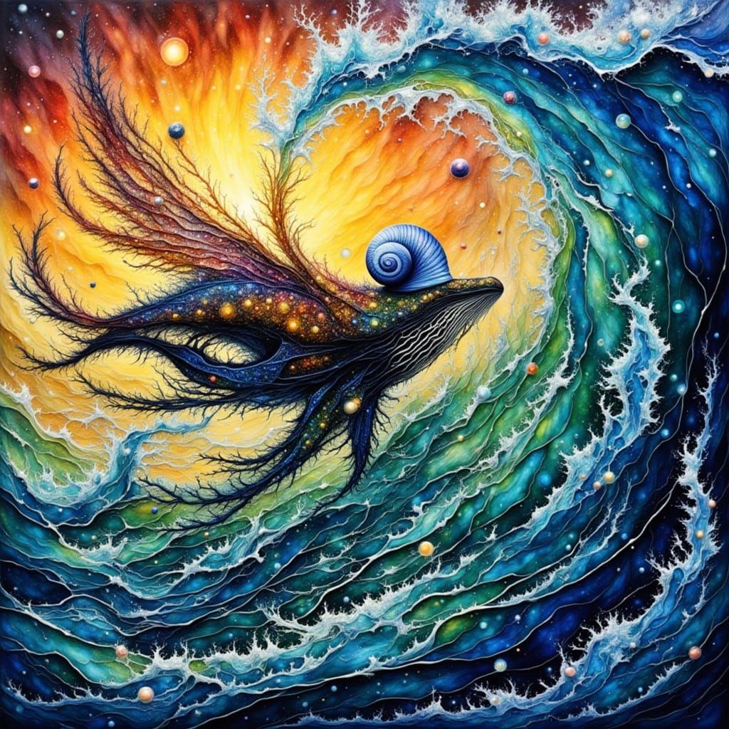 Intricate Whale with Snail in Sunset Glow