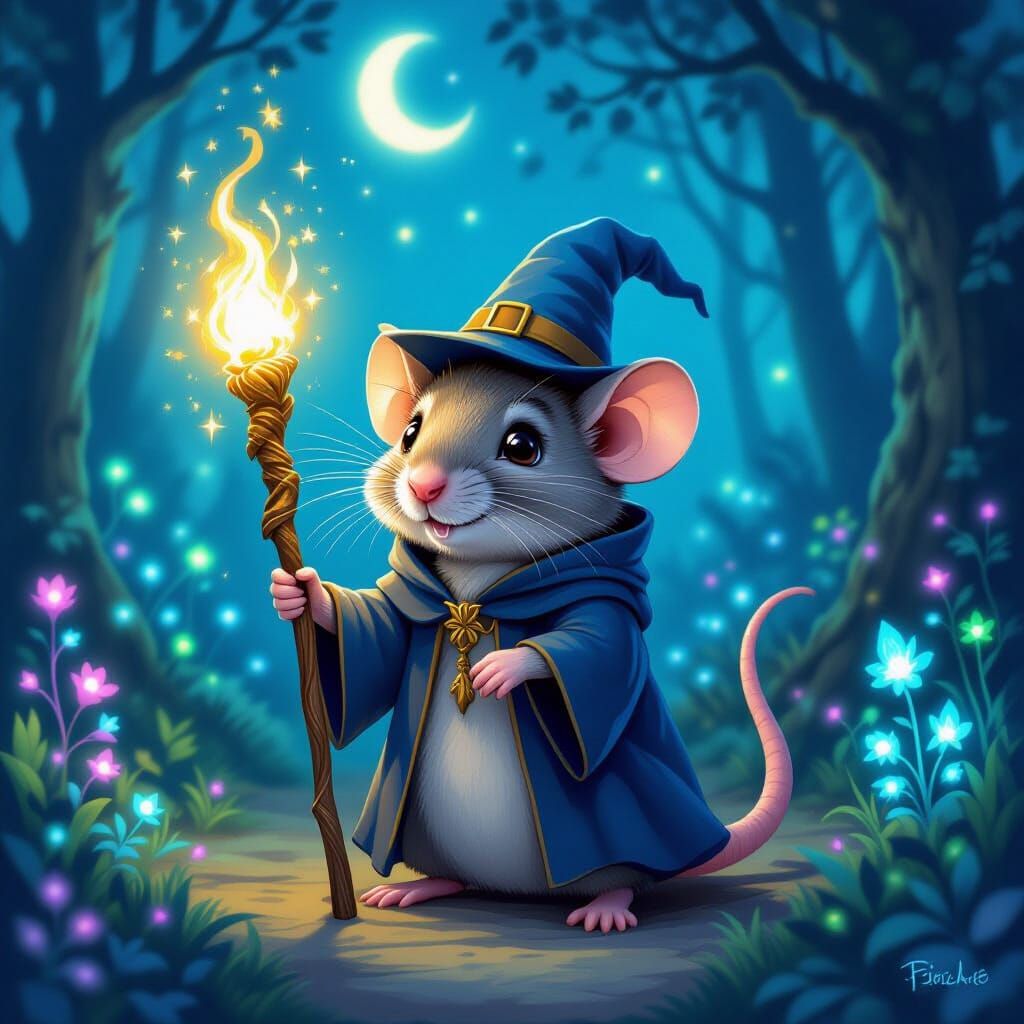 Whimsical Rat Mage with Glowing Staff in Magical Forest