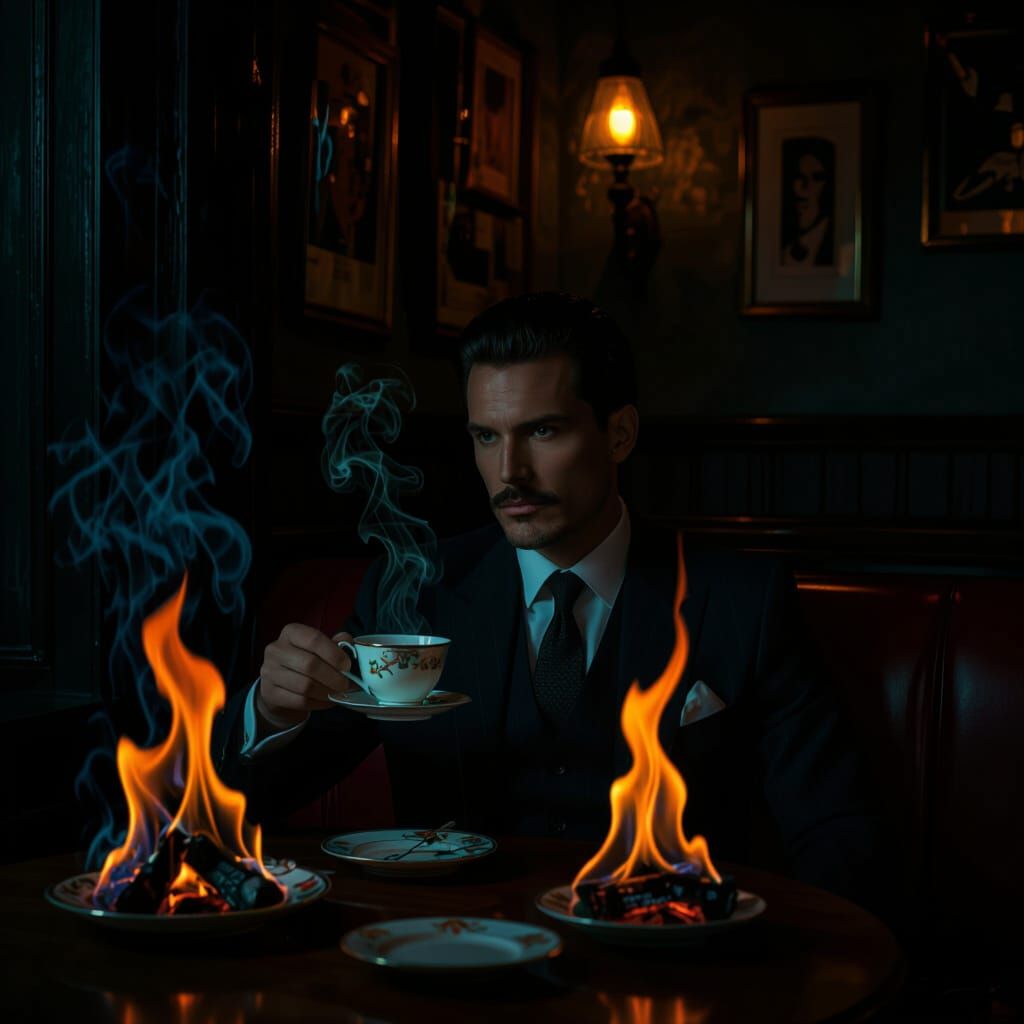 Burning Cafe: Surreal Scene in Ashley Wood Style