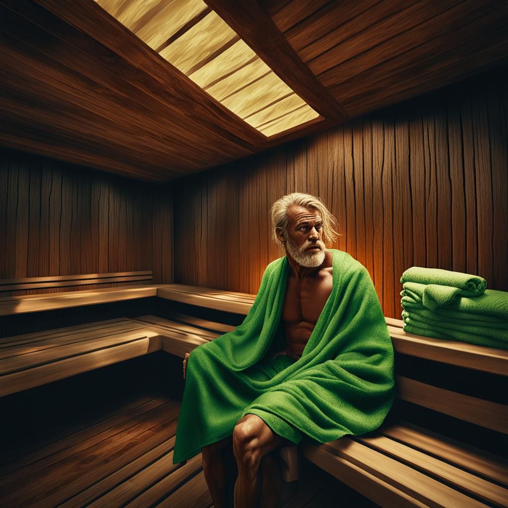 Man and Woman Laughing in Sauna: Matte Painting