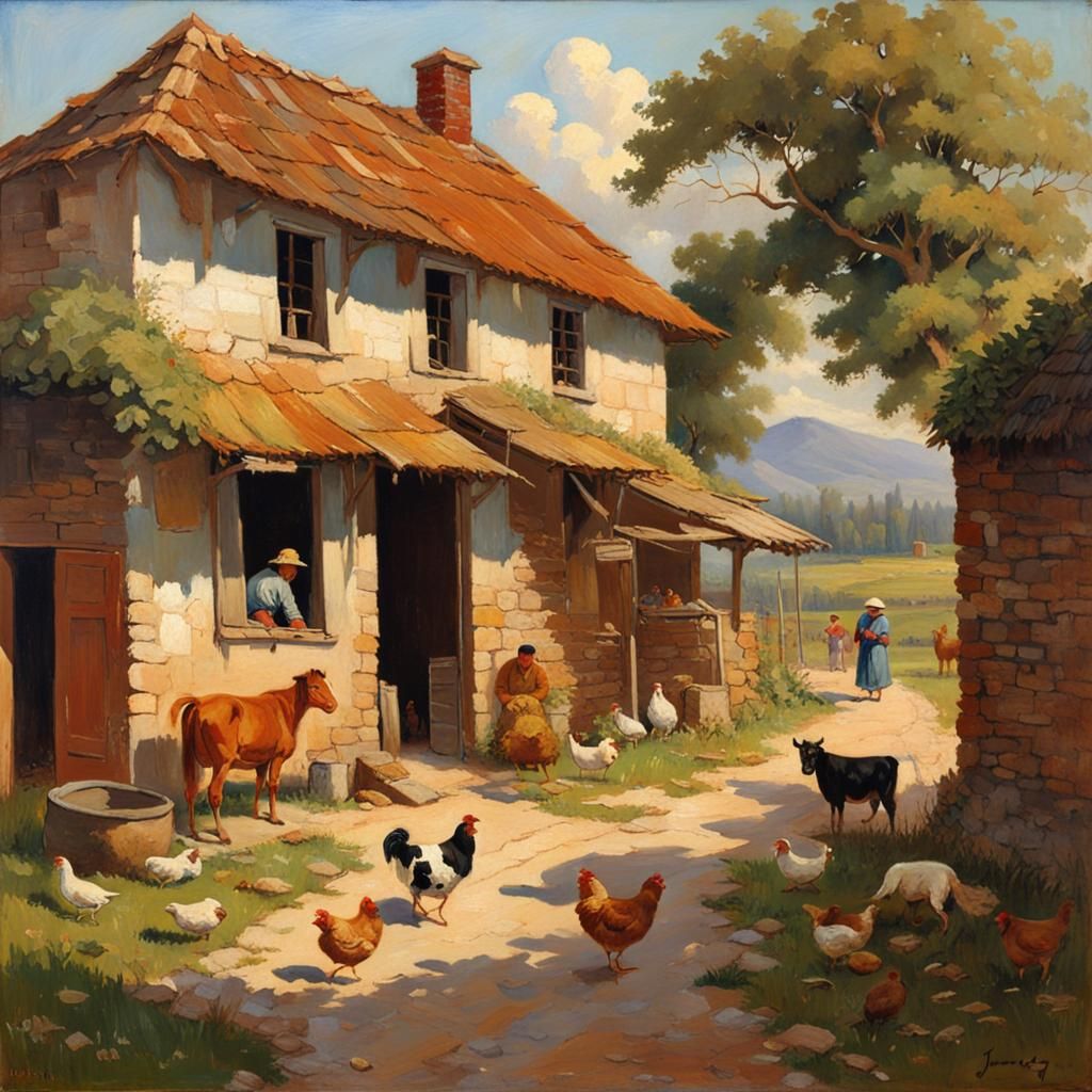Farmhouse Scene with Farmers and Children in Oil Painting